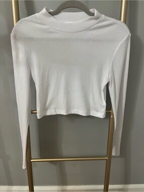 BP. White Ribbed Mock Neck Long Sleeve Crop Top | Size Medium